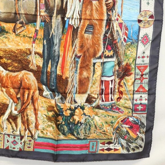 HERMES Carre 90 Scarf ""Les Cheyennes"" Silk Brown - Picture 10 of 14